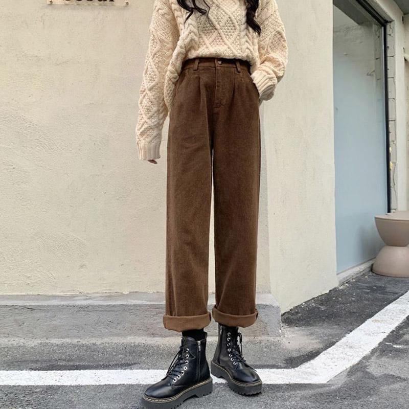 Pantaloni di velluto a coste vintage Pantaloni dritti a vita alta con tasche causali Tutti abbinati a pantaloni coreani femminili