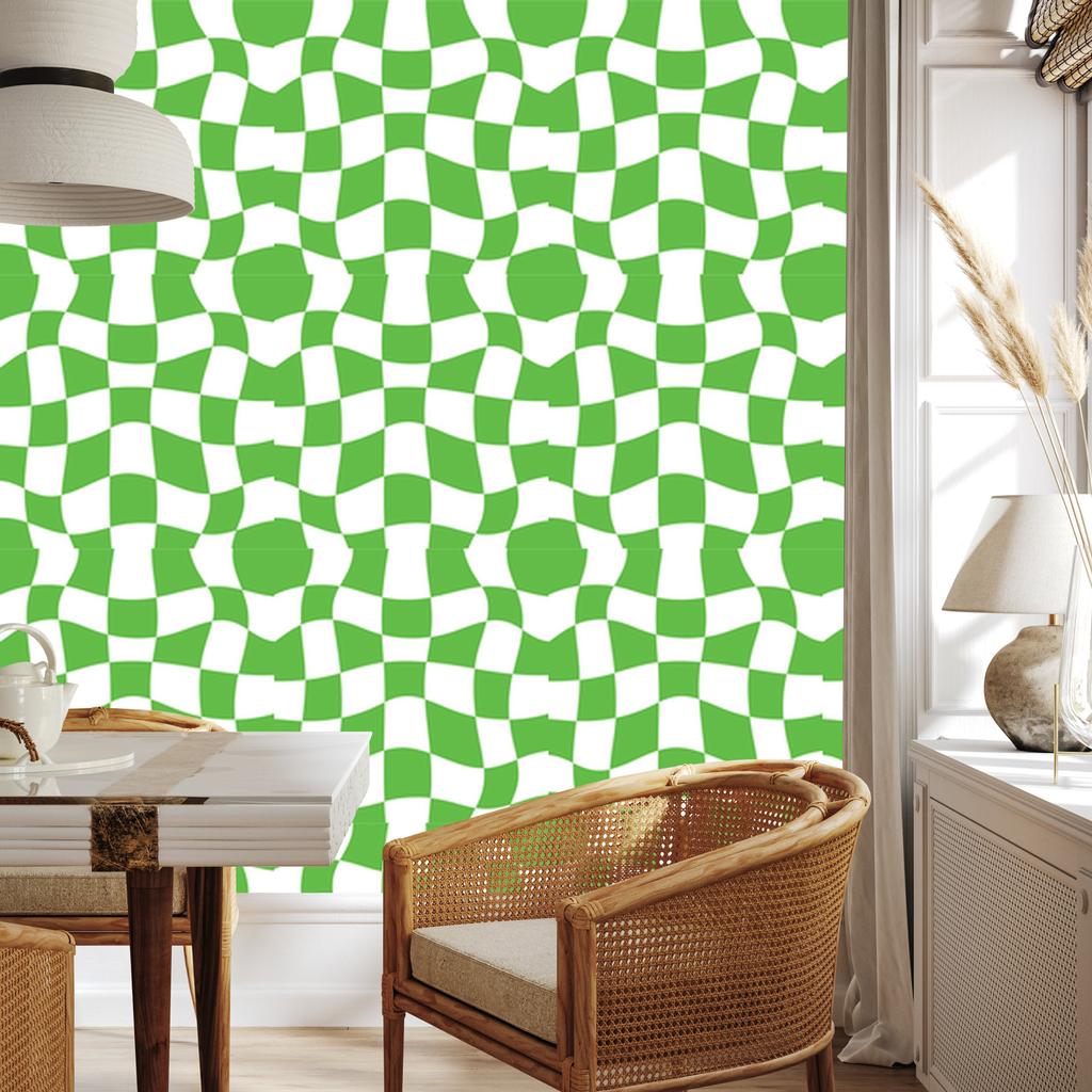 Wallpaper Casual Checkerboard Green and White for Living Room and Bedroom 50x1000