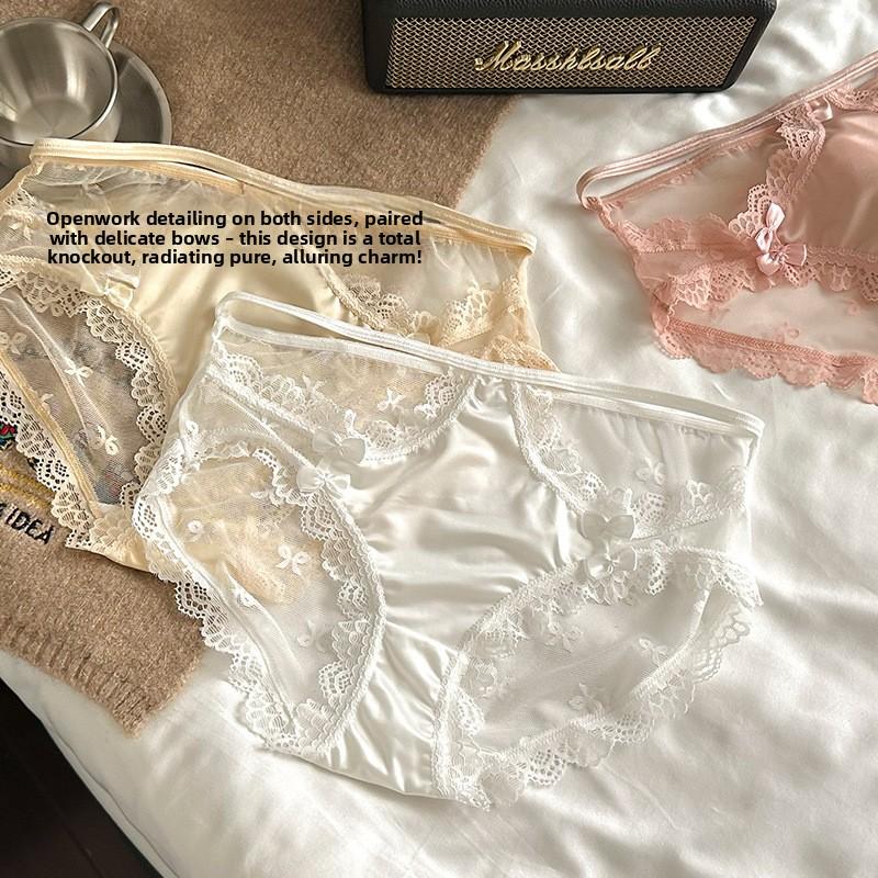Ladies New Summer Sexy Lace Hollowed Out Bow Package Hip Mid Waist Triangle Briefs