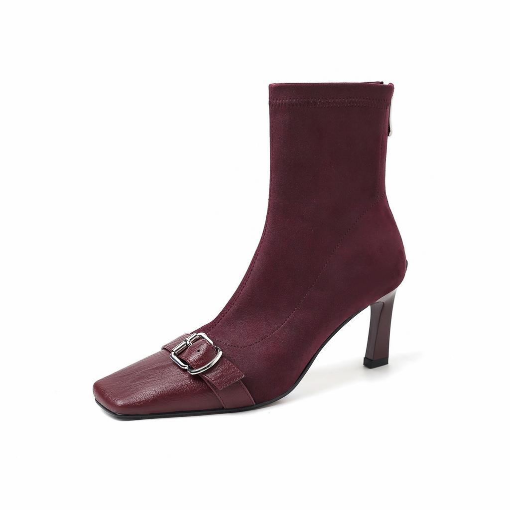 7CM Niche Fashion Heightening Elastic Thin Boots 2025 Autumn and Winter New Square Head Thin Heel Rear Zipper High Boots