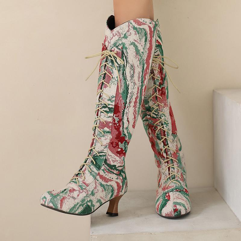 Retro Knee High Western Boots Cowboy Women's Victorian Tall Boot Cutout Kitten Heel Shoes 2024 Fall Winter Soft PU Comfy