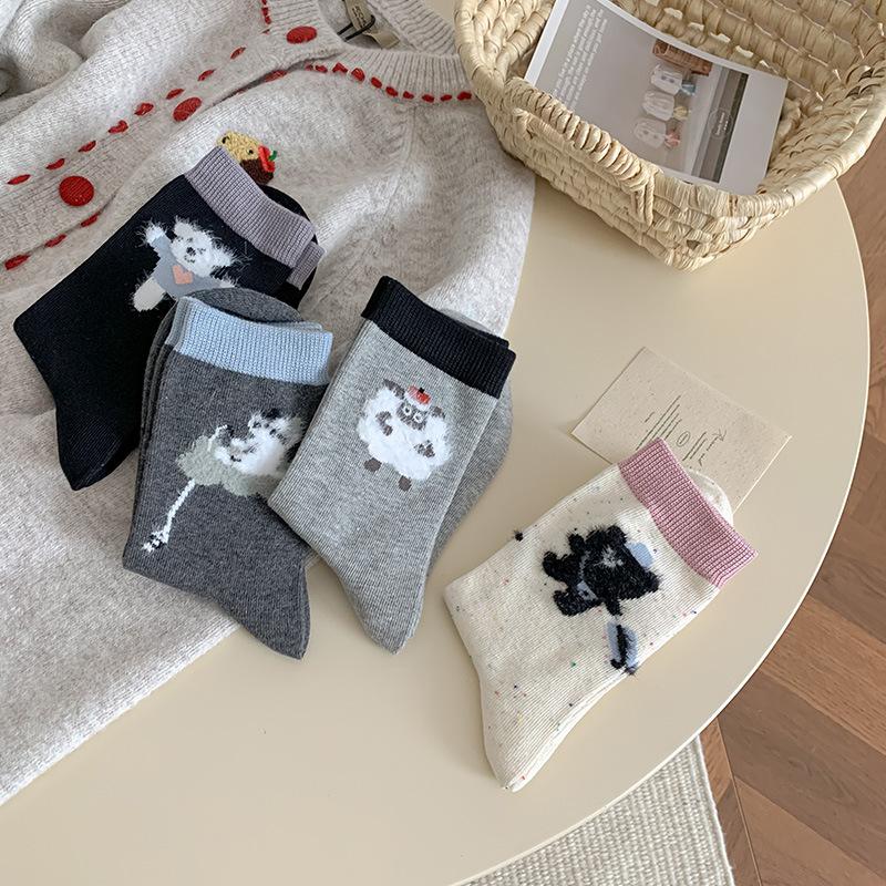Female Autumn New Cute Cartoon Flocked Animal Matching Color Boneless Pile Socks