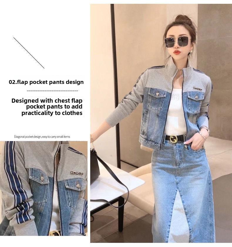 Women's 2023 Korean-Style Retro Patchwork Denim Jacket - Age-Reducing Short Zipper Stand Collar, Long-Sleeved Top for Spring