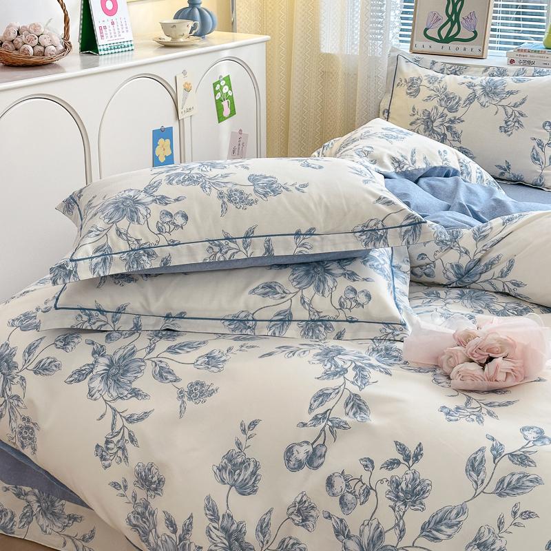 100% Cotton Luxury Floral Duvet Cover Set Boys Girls Single Comforter Cover Vintage Blue Plant Pattern Bedding with Pillowcase