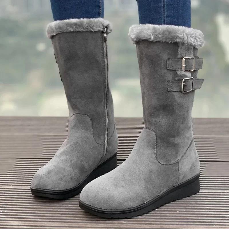 Damenstiefel Mode Wildleder Mid-Calf Stiefel Plüsch Warme Schneestiefel für Damen Winter Pelz Warme Baumwollstiefel Plateau-Stiefel Botas Mujer