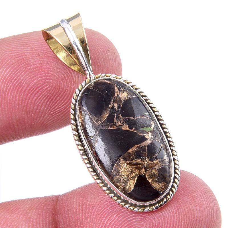 

Natural Black Copper Turquoise 925 Solid Silver TwoTone Gift Pendant 1.5 L4f15