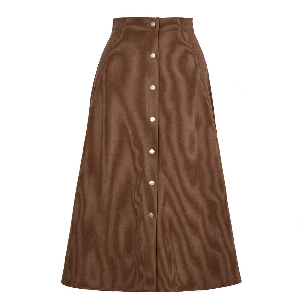 Corduroy High Waist Midi Skirt With Button Closure For Office And Fall Season