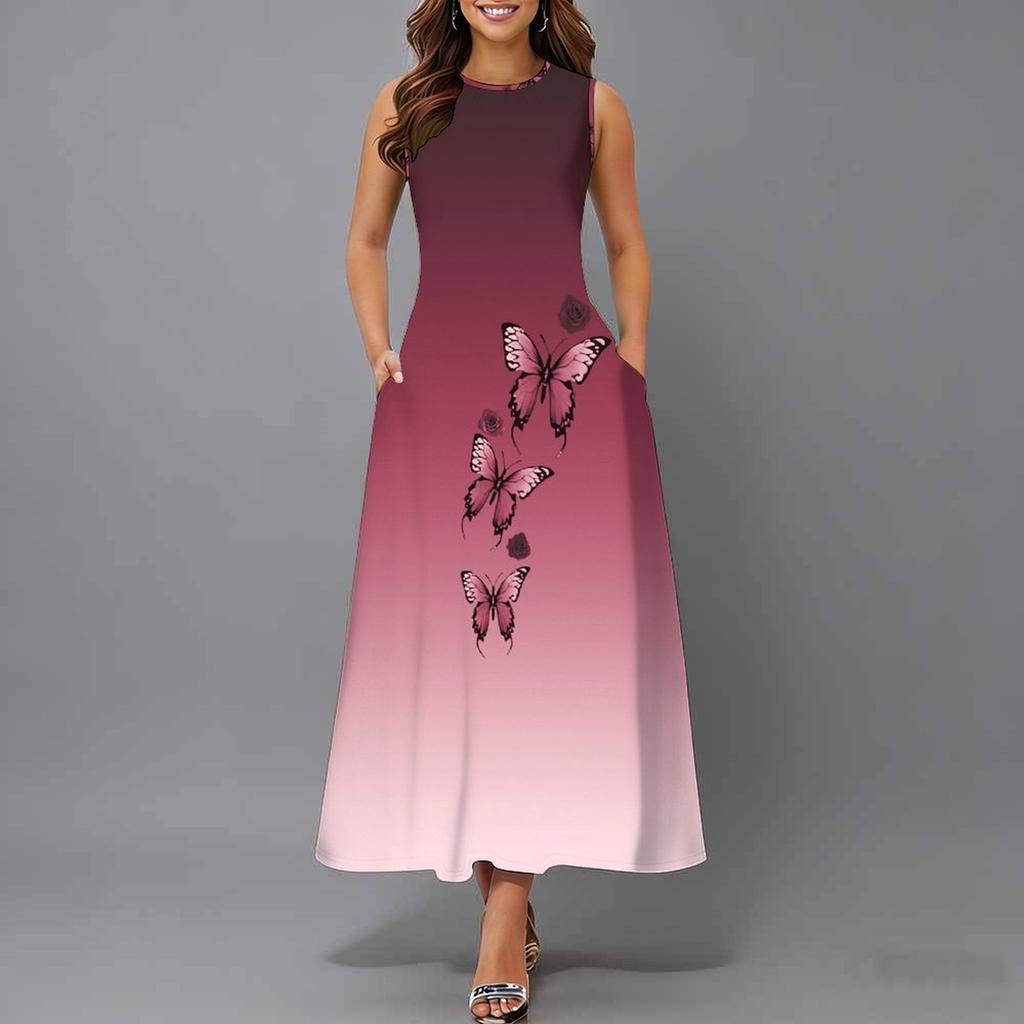 Women Loose Sleeveless Round Neck Dress Elegant Watercolor Floral Branches Calf Length Gown