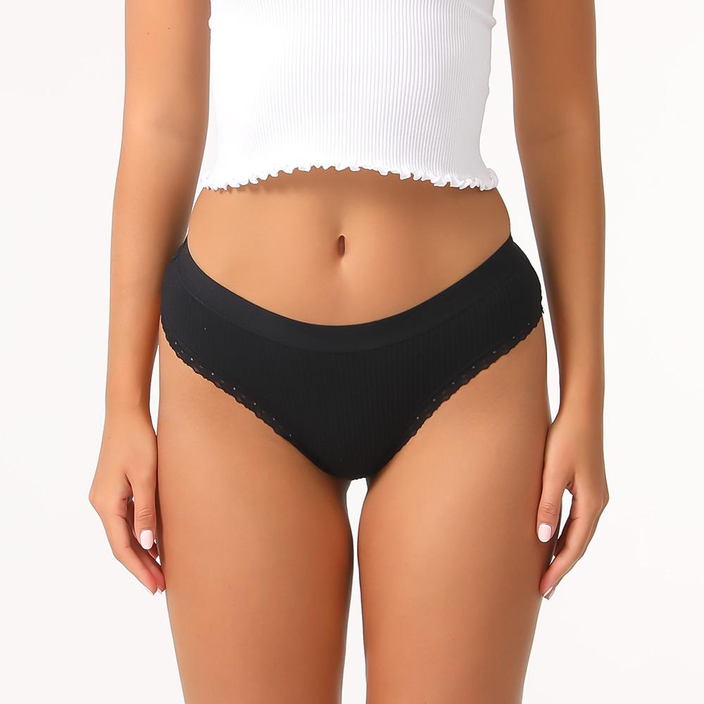 New Arrival Pure Cotton Women's Thong Underwear Low-Rise Sensual Briefs Ribbed Lace Trim