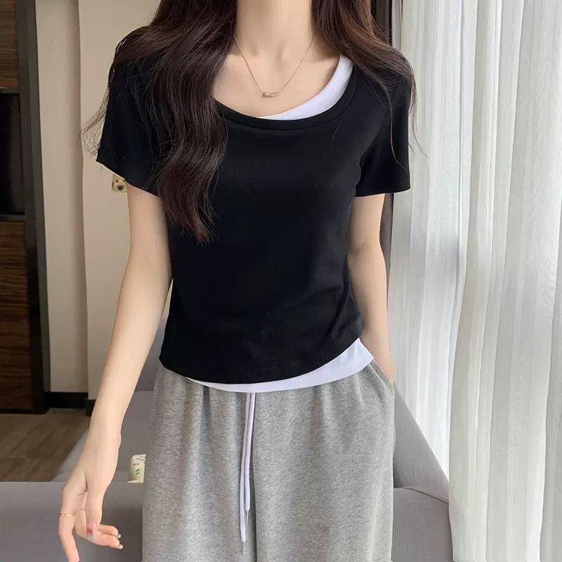 

GMXIA Футболка с квадратным воротником и короткими рукавами, женская летняя дизайнерская модель Sense Niche Slim-fit Pure Desire To Fake Two Short Tops M чёрный