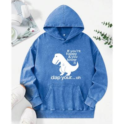 Se sei felice batti le mani Stampa Dinosauro Felpe Lavate Streetwear Largo Tutto-Abbinabile Felpa in Cotone Autunno Donna Pullover