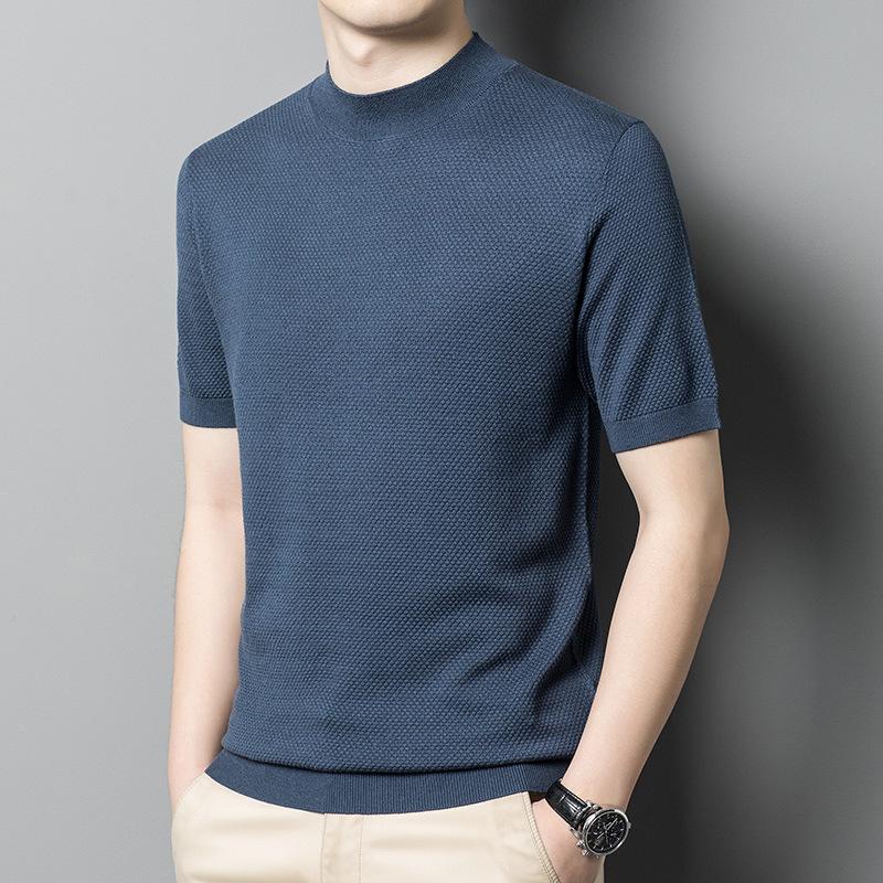 Men's Semi-turtleneck Short-sleeved Sweater Solid Color Casual Knitwear Trend Middle-aged Thin Woolen Pullover Base