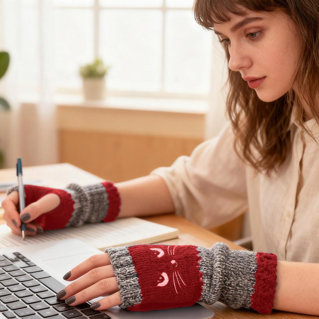 Winterhandschuhe Halbfinger Fahrhandschuhe Gestrickte Fingerlose Handschuhe Katzenstickerei Outdoor Handwärmer Warme Offene Fingerhandschuhe