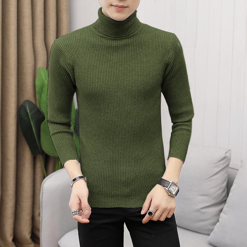 Men's Solid Color High Neck Slim Fit Striped Knit Sweater