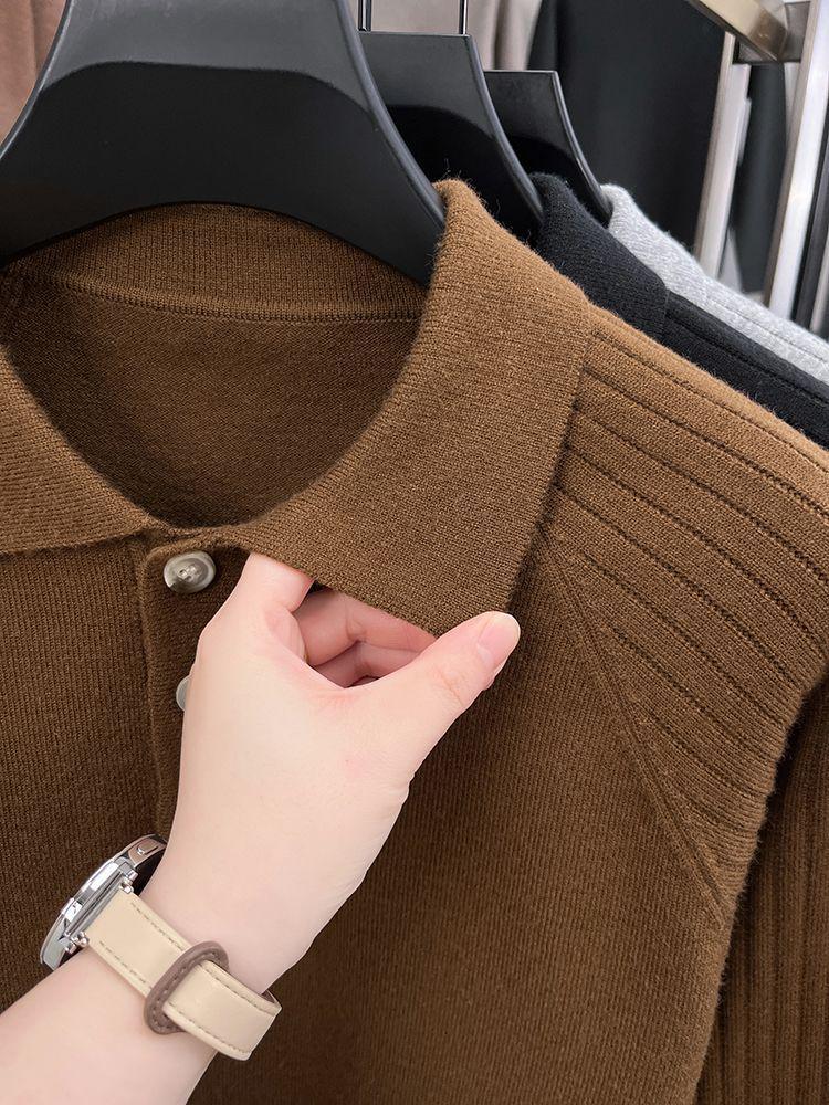 Solid Color Long Sleeve Polo Collar Wool Sweater