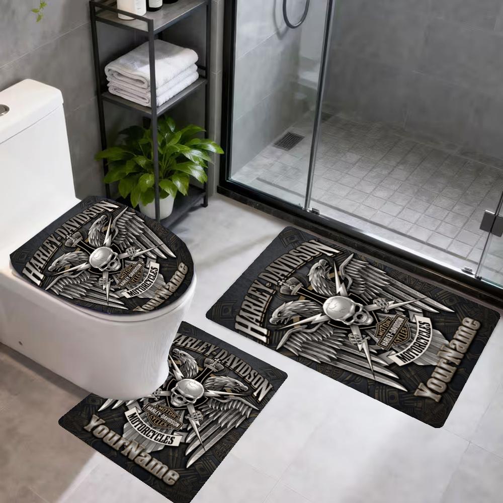 Harleydavidson Motorcycles Customize Your Name 3Pcs Bathroom Mat Set Toilet Lid Cover Ushaped Foot Mat Nonslip Floor Mat Decor For Bathroom