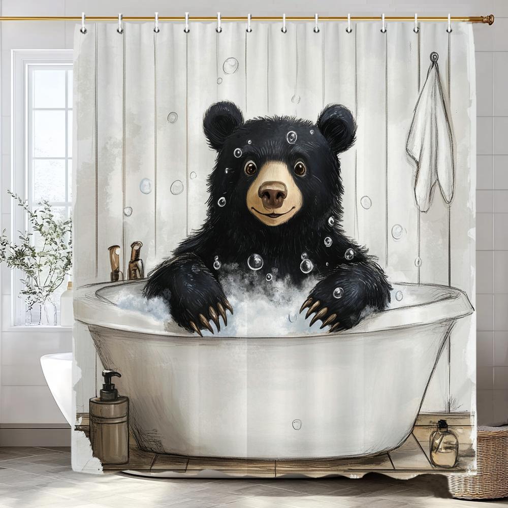 Cute Black Bear Bathing in the Bathtub Shower Curtain, Bathroom Decorative Shower Curtain, Waterproof Shower Curtain with Hooks