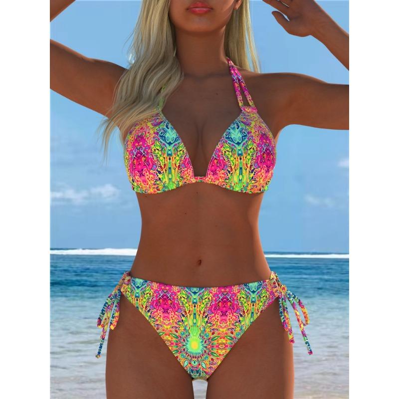The New European and American Split Printing Splicing Neck Women's Split Swimsuit Bikini Suit Is Sexy