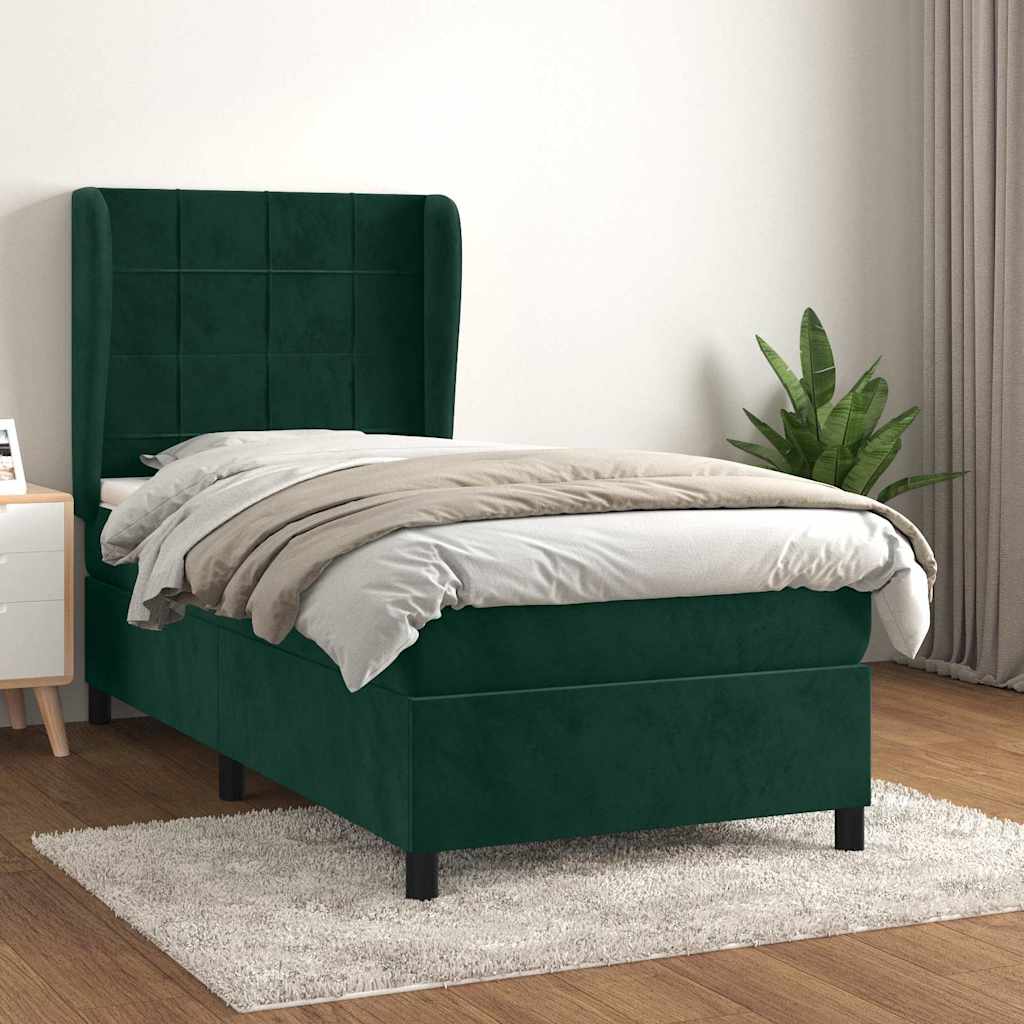 Box Spring Bed with Mattress Dark Green 90x200 cm Velvet