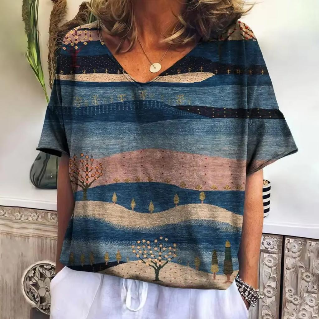 Damen V-Ausschnitt T-Shirt Sommer Casual Mode Kurzarm Neuer Trend Gestreift Harajuku Stil Locker Damenbekleidung