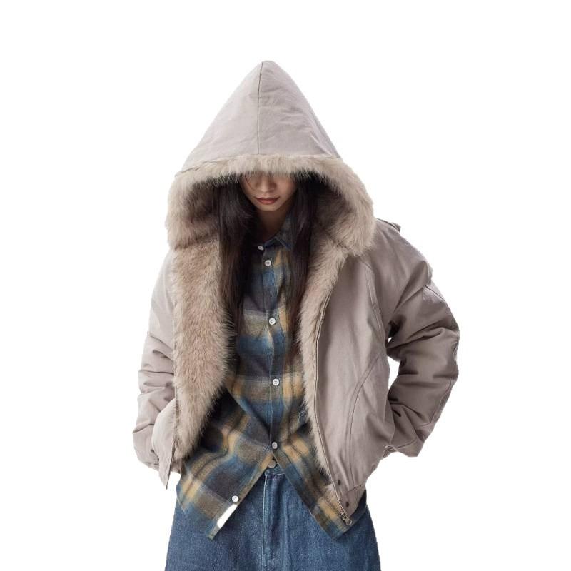 Ladies's American Retro Fur Collar Hooded Jacket Y2K Streetwear Winter Velvet Thickened Warm Harajuku Loose Casual Jacket