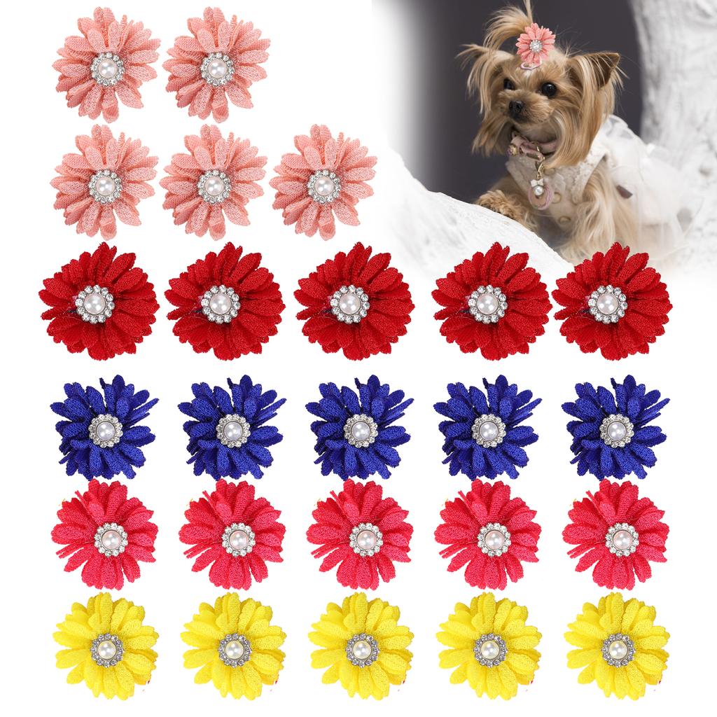 25Pcs/lot Cute Pet Dog Cat Hair Bows Flowers Grooming Bows with Rubber Bands for Pet