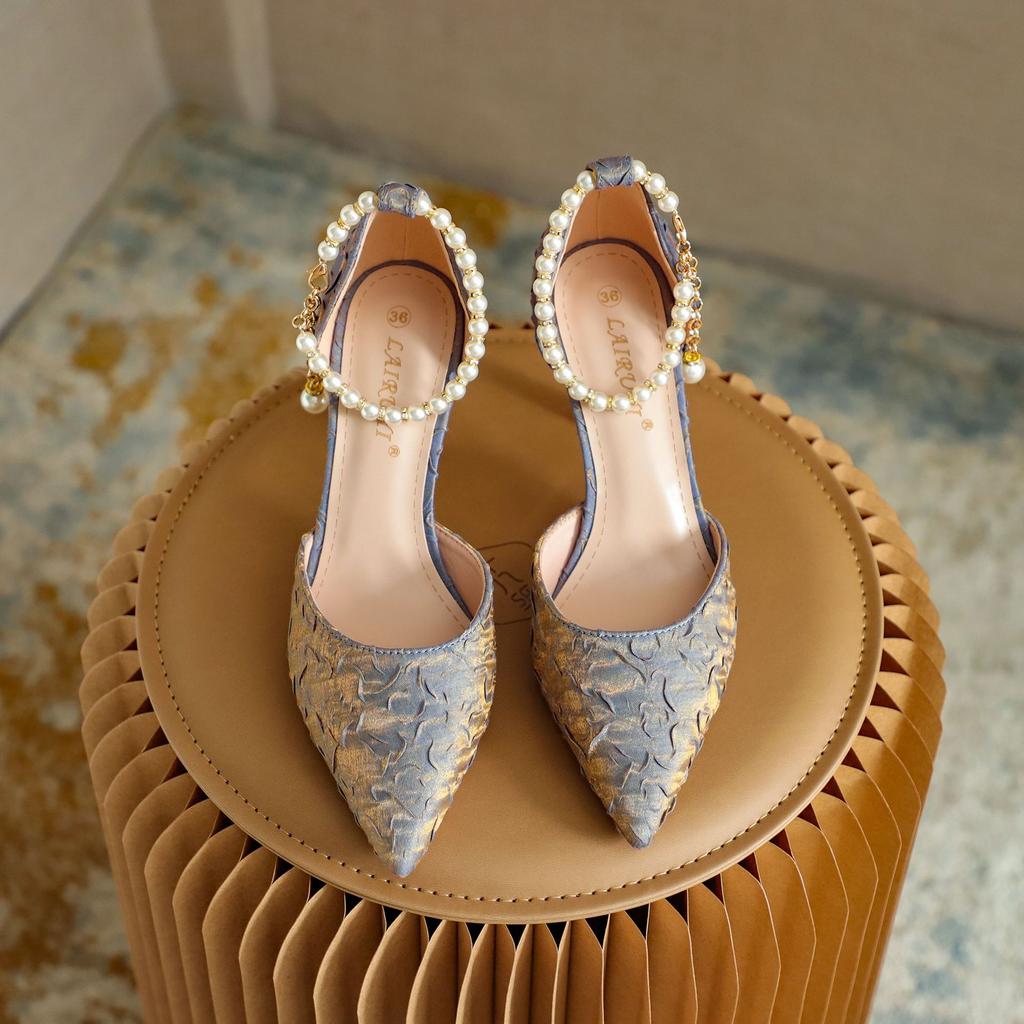 Women High Heeled Sandals Beads Hollow Shoes Pointed Head Shallow Mouth Stiletto High Heels Single Shoes Women Banquet Shoes