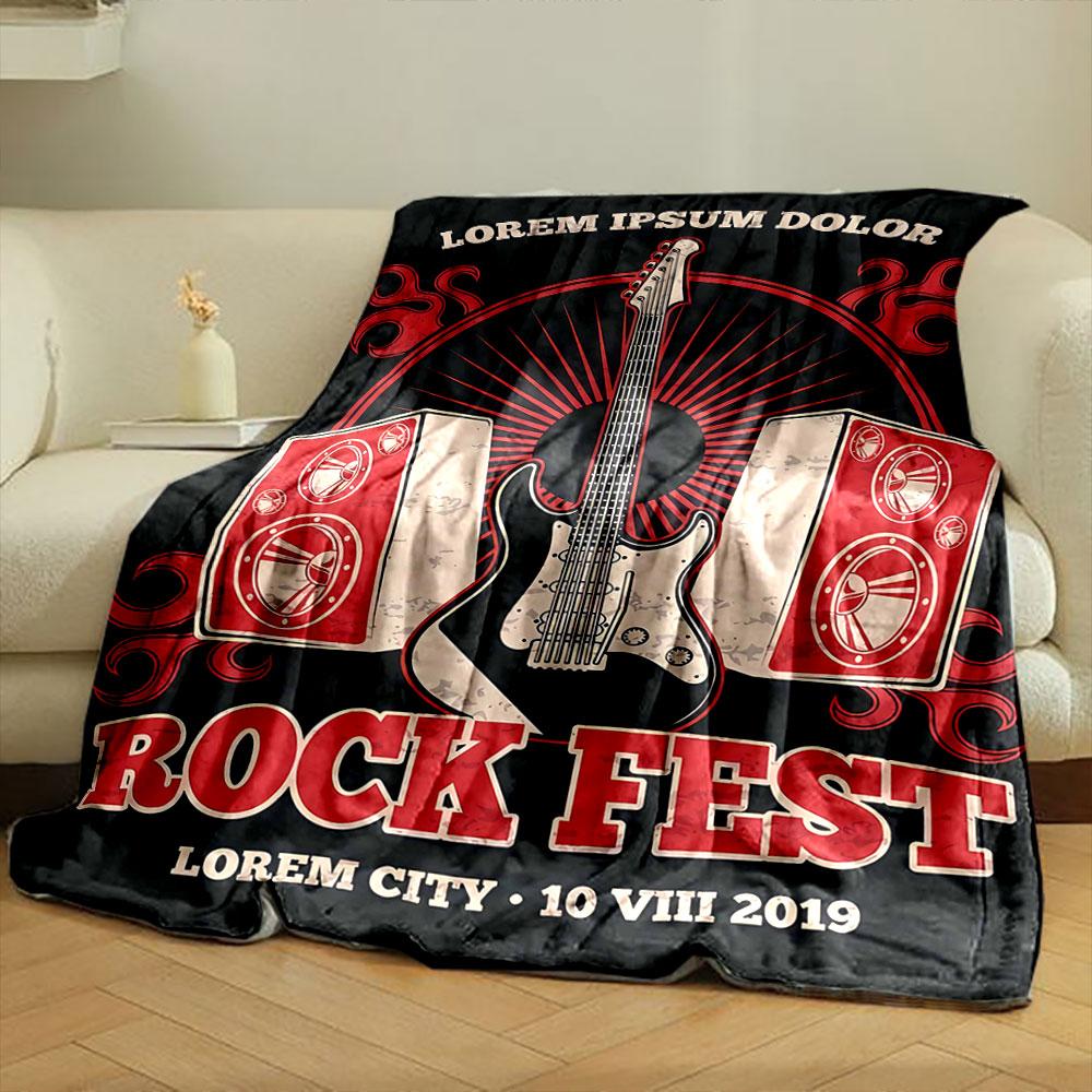 A central guitar with speakers, flame motifs, and bold red-black tones. for all seasons blanket lunch break throw gift
