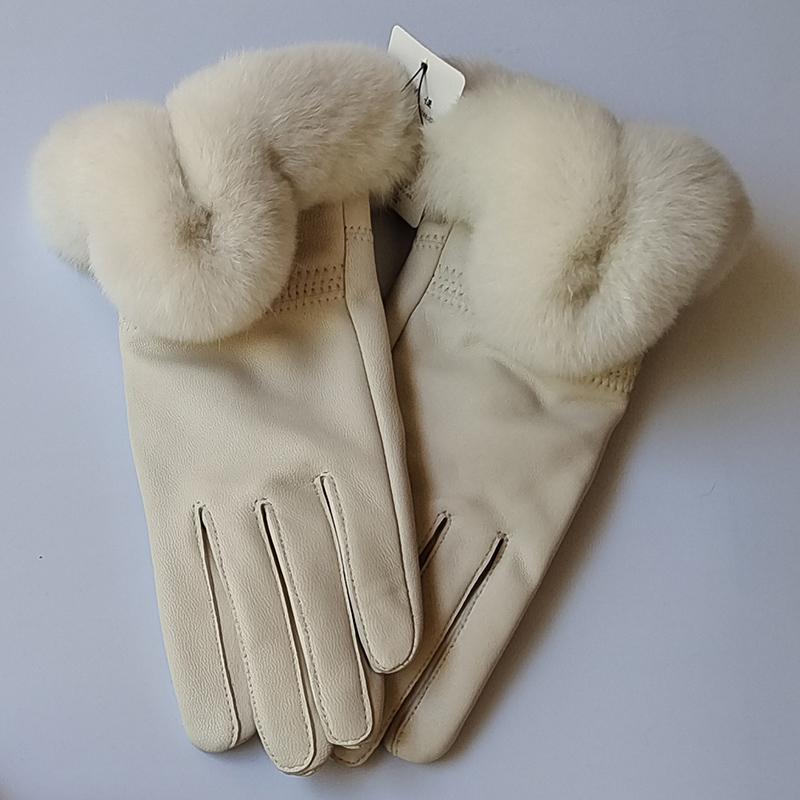 Women Winter Genuine Sheepskin Leather Glove With Rex Rabbit Fur Cuff Warm Winter Female Genuine Leather Gloves Hand Warmer