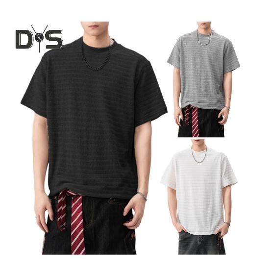 Men T-shirt Round Neck Short Sleeve 3D Striped Jacquard Design Tee Shirt Solid Color Loose Fit Summer Casual Tops