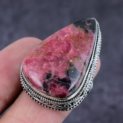 Natural Rhodonite Gemstone Handmade 925 Sterling Silver Jewelry Ring Size 9 U0b33