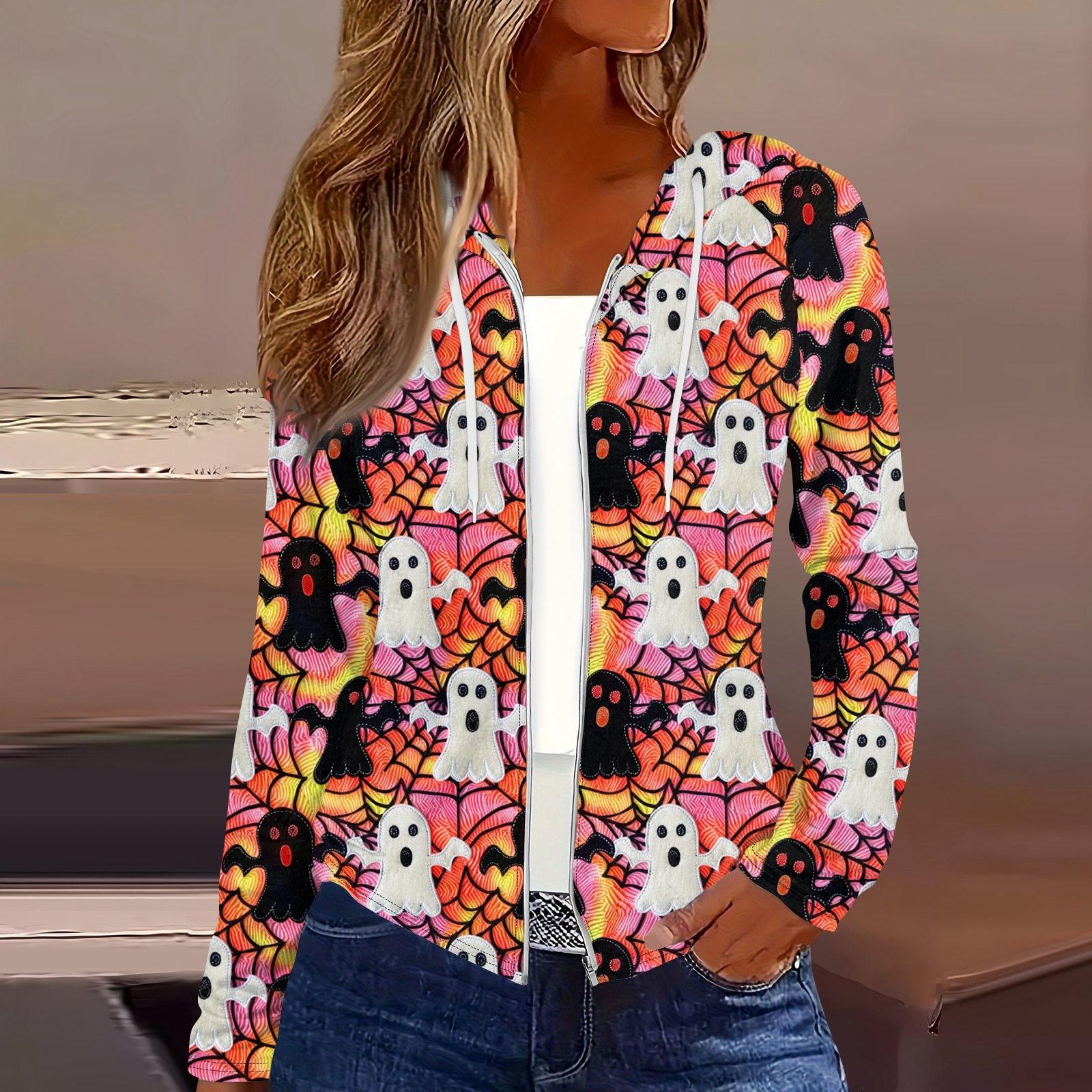 

Женская мода повседневная молния с капюшоном и принтом Хэллоуина с длинным рукавом толстовки пальто M розовый