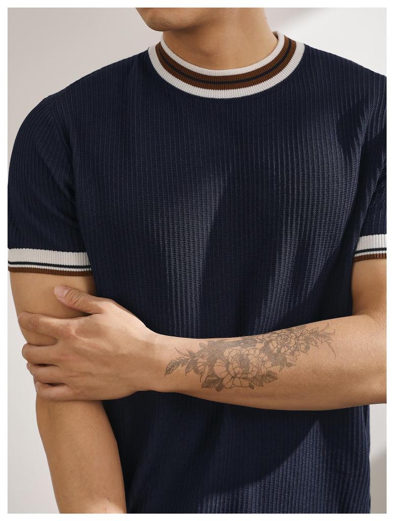 Summer Men's White Striped Short-Sleeve Knit Top