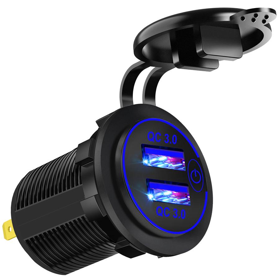 12V-24V Car Cigarette Lighter Socket Dual QC3.0 Charge USB Blue Light Waterproof