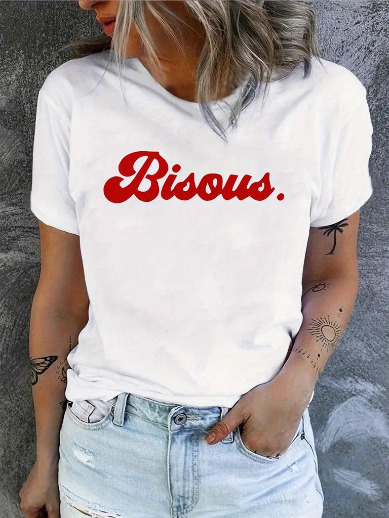 Womens Casual Short Sleeve TShirt with Red Bious Letter Print Breathable Round Neck Harajuku Sleeve Casual Aesthetic Clothes