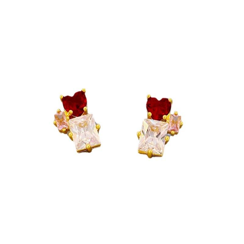 High-End Love Square Earrings Women'S Light Luxury Super Flash Zircon Contrasting Earrings