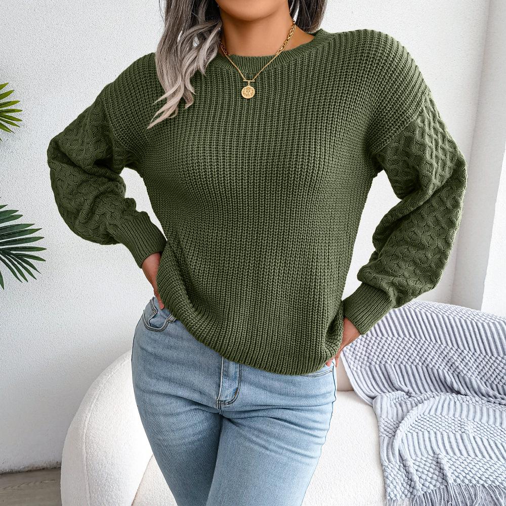 Autumn And Winter New Casual Lantern Long Sleeved Round Neck Pullover Sweater For Women