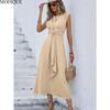 MODIQUE 2025 Summer Plus Size New Women's Casual Solid Color Off Shoulder Elastic Waist Sleeveless O-Neck Long Dress