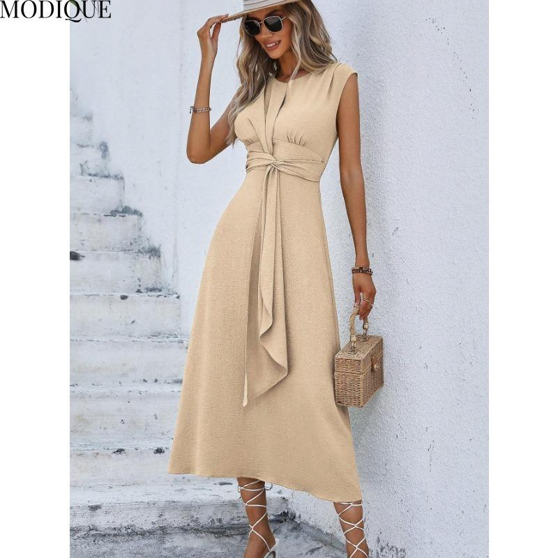 MODIQUE 2025 Summer Plus Size New Women's Casual Solid Color Off Shoulder Elastic Waist Sleeveless O-Neck Long Dress