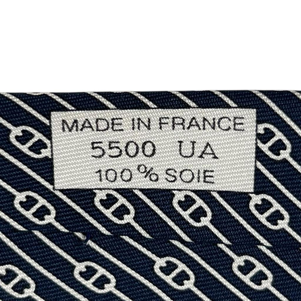 Pristine HERMES tie Chaine Pattern Navy silk mens 5500 UA Used