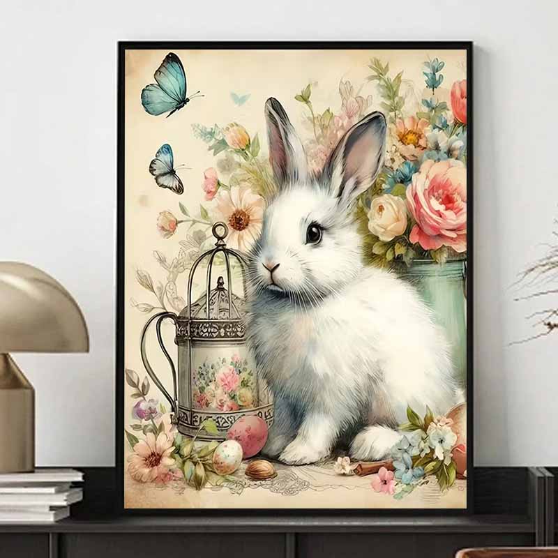 Flowers and Rabbit Full Diamond Painting Set, 5D Colorful Round Gemstone DIY Cross Stitch Decoration Home Wall Mural