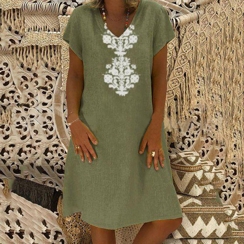 Versatile Women's Baggy Loose Short Sleeve V-neck Linen Kaftan Madi Dress Perfect For Daily Wear And Beach Outings