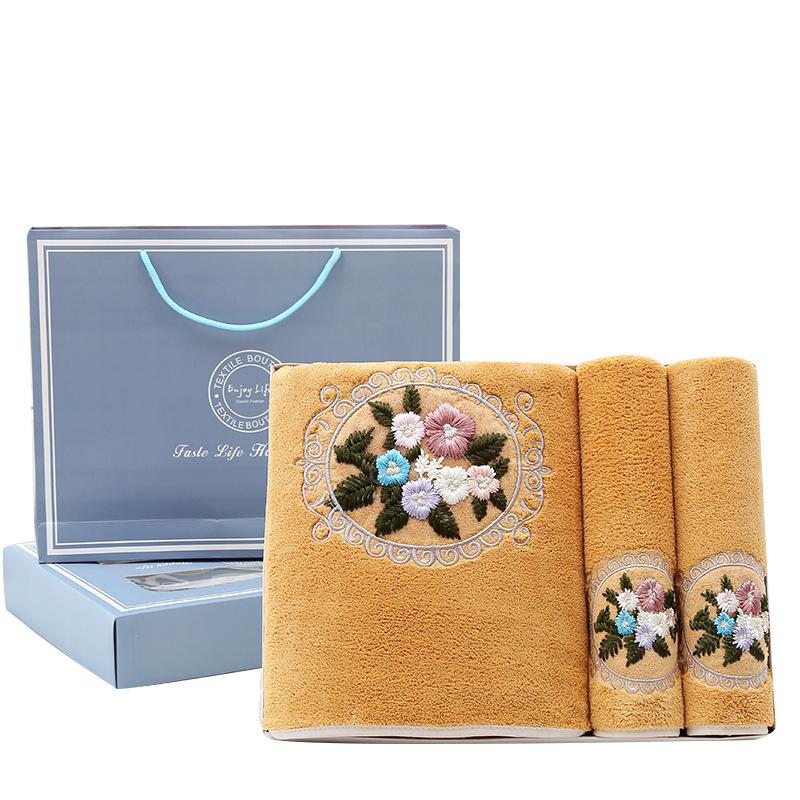 Wholesale Fashionable Two-piece Set of Fiber Absorbent Embroidered Towel Gift Box with Flower Towel Gift Box Bath Towel3pcs