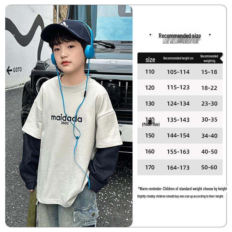 

Panda Yuanyuan 2025 Весна Мальчики Футболка с имитацией двойки со вставками из денима на рукавах 170 cm