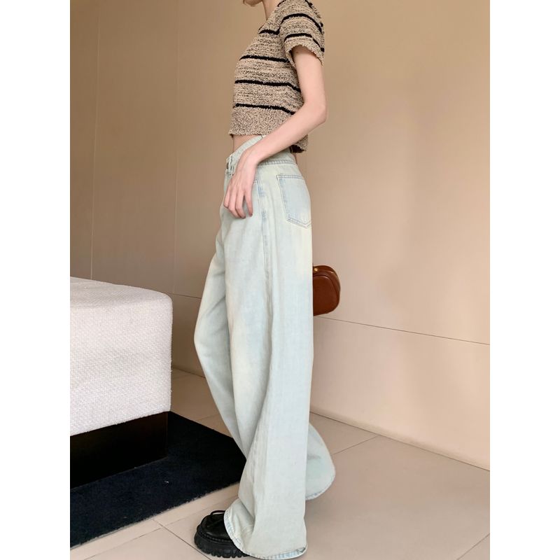 Small Washed-out Vintage Light Blue Denim Pants Female High Waist Loose Pants Loose Mop Pants Ins Summer