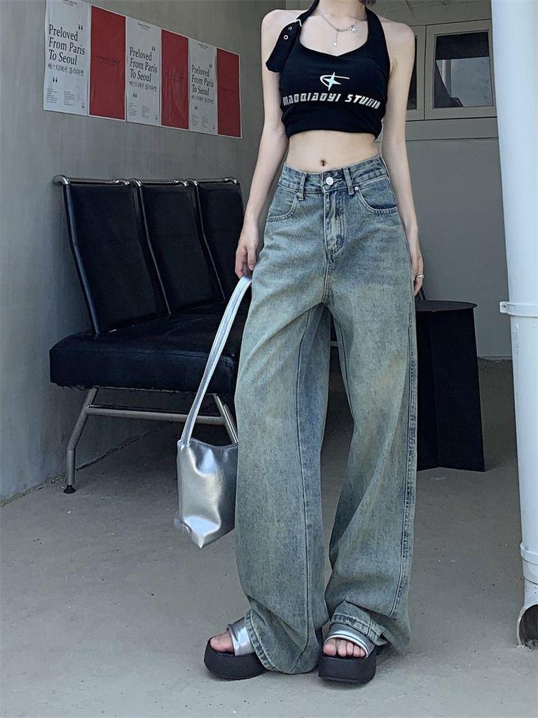 Women's Retro Distressed High-Waisted Wide-Leg Jeans - Slim-Fit, Straight-Leg, Floor-Length, Petite Autumn Style.
