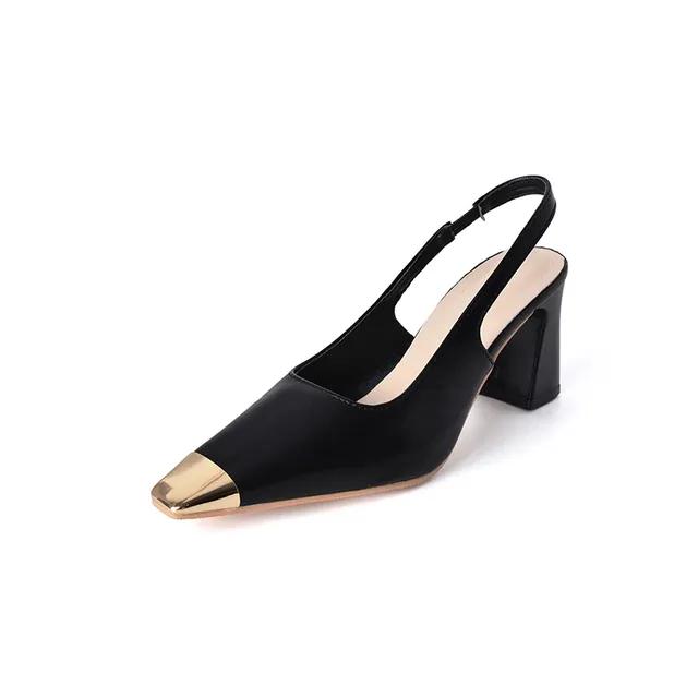 

Metal Toe Sandal Women Shallow High Heels Summer Shoes Slingback Woman Square Head Slip on Patchwork Black Beige Sandalias 38 чорний