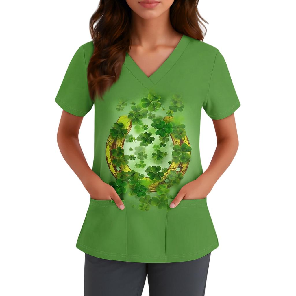 Women's Cute Bow Printed Work Clothes V-neck Double Layer Pockets Basic Short Sleeve Top Pullover