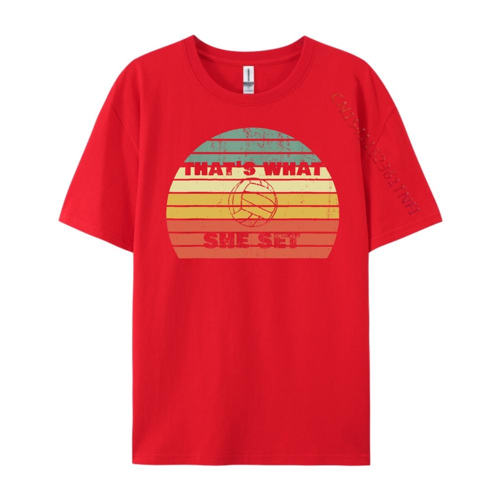 Lustiger Volleyball-Wortwitz Thats What She Set Vintage Retro Sonnenuntergang Grafik T-Shirts Herren Baumwoll-T-Shirt Herren