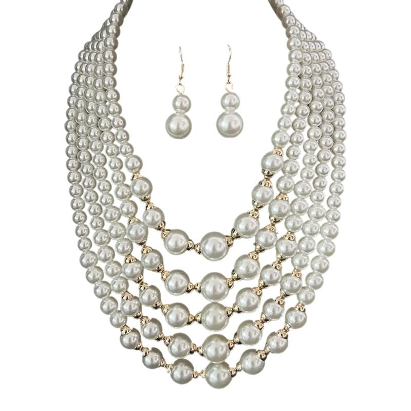 Fashionable Layering Artificial Pearls Necklace With Matching Studs Comfortable Daily Wear Accessories